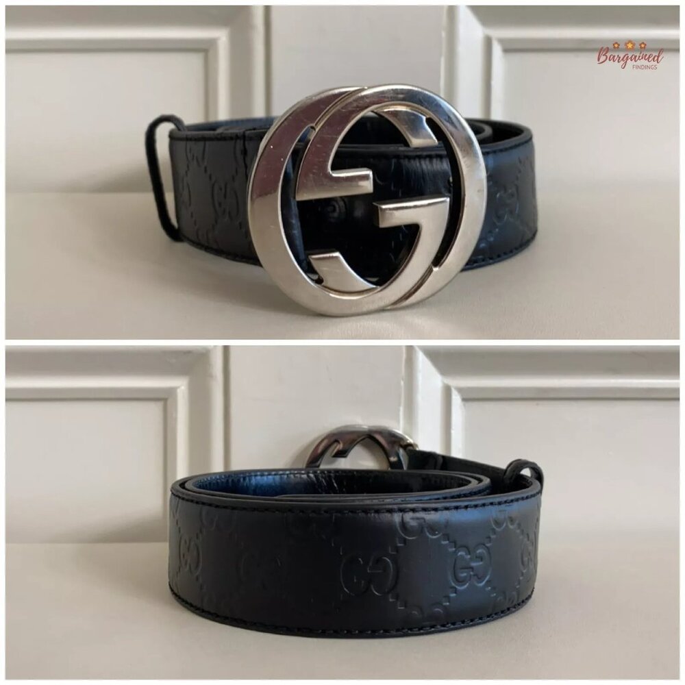 Authentic Gucci Black Monogram Guccissima Leather Silver Buckle Belt 85/34 - Picture 3 of 13